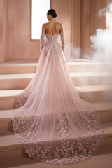 Pink Lace Mermaid Prom Dress with Tulle Overskirt and Detached Sleeves