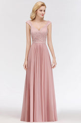 Pink Lace Straps Bridesmaid Dresses Floor Length Sleeveless Evening Dresses Online