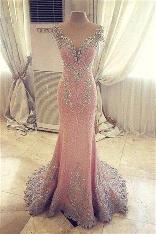 Pink Mermaid Crystals Evening Dress Beading Luxurious Formal Dresses