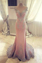 Pink Mermaid Crystals Evening Dress Beading Luxurious Formal Dresses