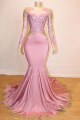 Pink Mermaid Long Sleeves Prom Dresses | Gold Appliques Evening Dresses Online