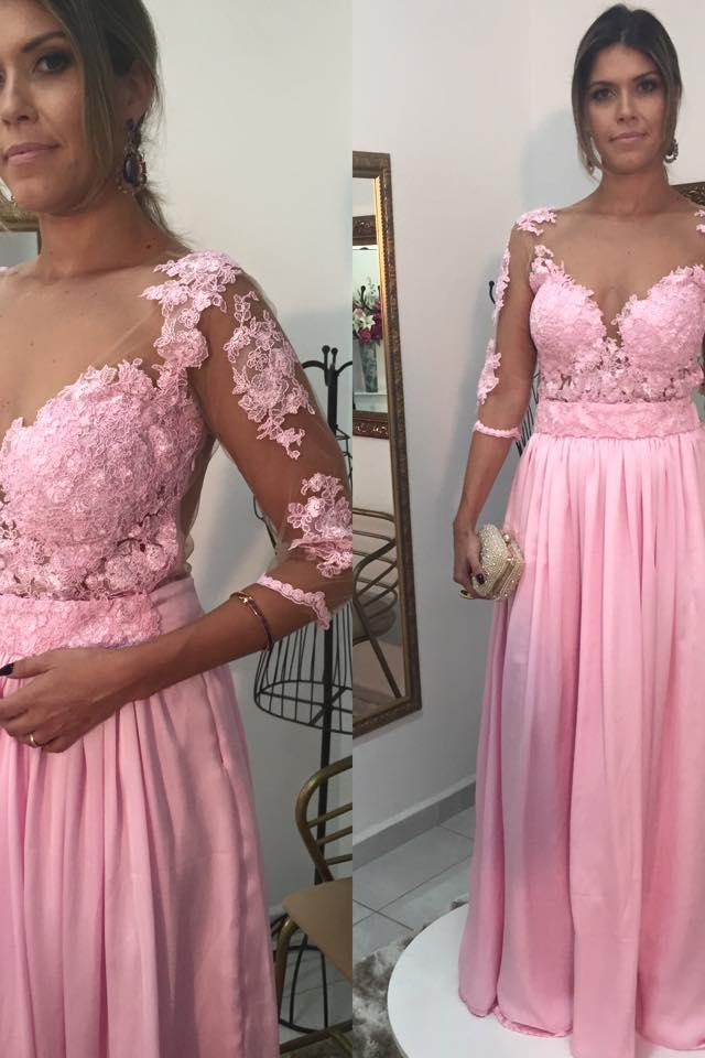 Pink Prom Dress 3/4 Sleeved Long Evening Dress with Lace Appliques