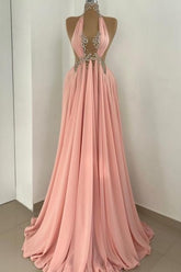 Pink Prom Dress A Line Halter High Neck Beaded Sleeveless Floor Length Chiffon Formal Dress