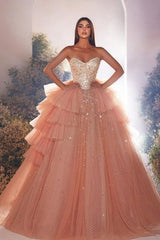 Pink Prom Dress A Line Princess Tulle Beading Sleeveless Formal Dress With Pearls