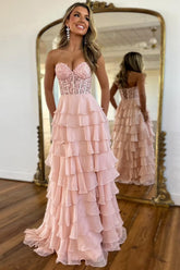 Pink Prom Dress A-Line Tiered Chiffon Long Formal Dress With Lace