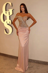 Pink Prom Dress Column Strapless Beaded One Shoulder Sleeveless Satin Formal Dress With Rhinestones