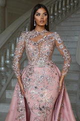 Pink Prom Dress High Neck Long Sleeve Detachable Panel Train Formal Dress