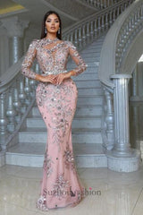 Pink Prom Dress High Neck Long Sleeve Detachable Panel Train Formal Dress