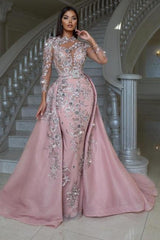 Pink Prom Dress High Neck Long Sleeve Detachable Panel Train Formal Dress