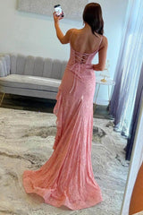 Pink Prom Dress Lace Long Ruffled Formal Dress With Slit