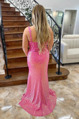 Pink Prom Dress Long Lace Formal Dress With Slit