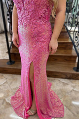 Pink Prom Dress Long Lace Formal Dress With Slit