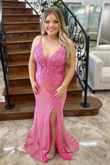 Pink Prom Dress Long Lace Formal Dress With Slit