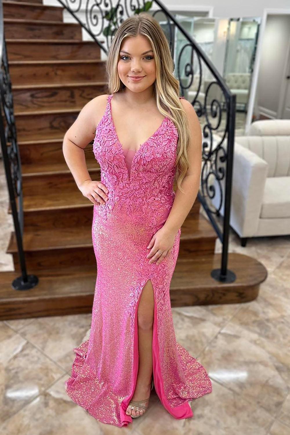 Pink Prom Dress Long Lace Formal Dress With Slit