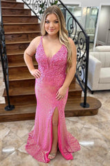 Pink Prom Dress Long Lace Formal Dress With Slit