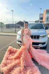 Pink Prom Dress Mermaid Sleeveless Beading Pearls Formal Dress With Slit