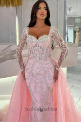 Pink Prom Dress Mermaid Sweetheart Sleeves Beaded Tulle Formal Dress With Panel Train