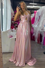Pink Prom Dress Metallic Pleated A-Line Long Formal Dress With Slit