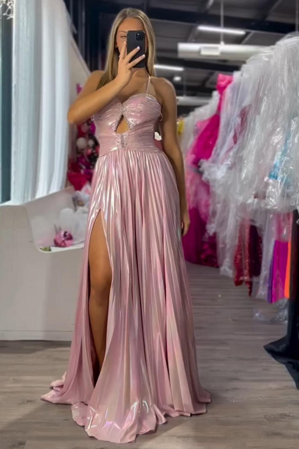 Pink Prom Dress Metallic Pleated A-Line Long Formal Dress With Slit