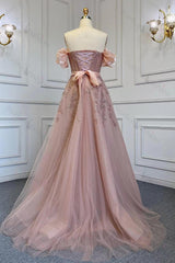 Pink Prom Dress Off-the-Shoulder Bubble Sleeves Evening Formal Dress Belt with Sequined Tulle