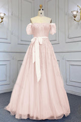 Pink Prom Dress Off-the-Shoulder Bubble Sleeves Evening Formal Dress Belt with Sequined Tulle