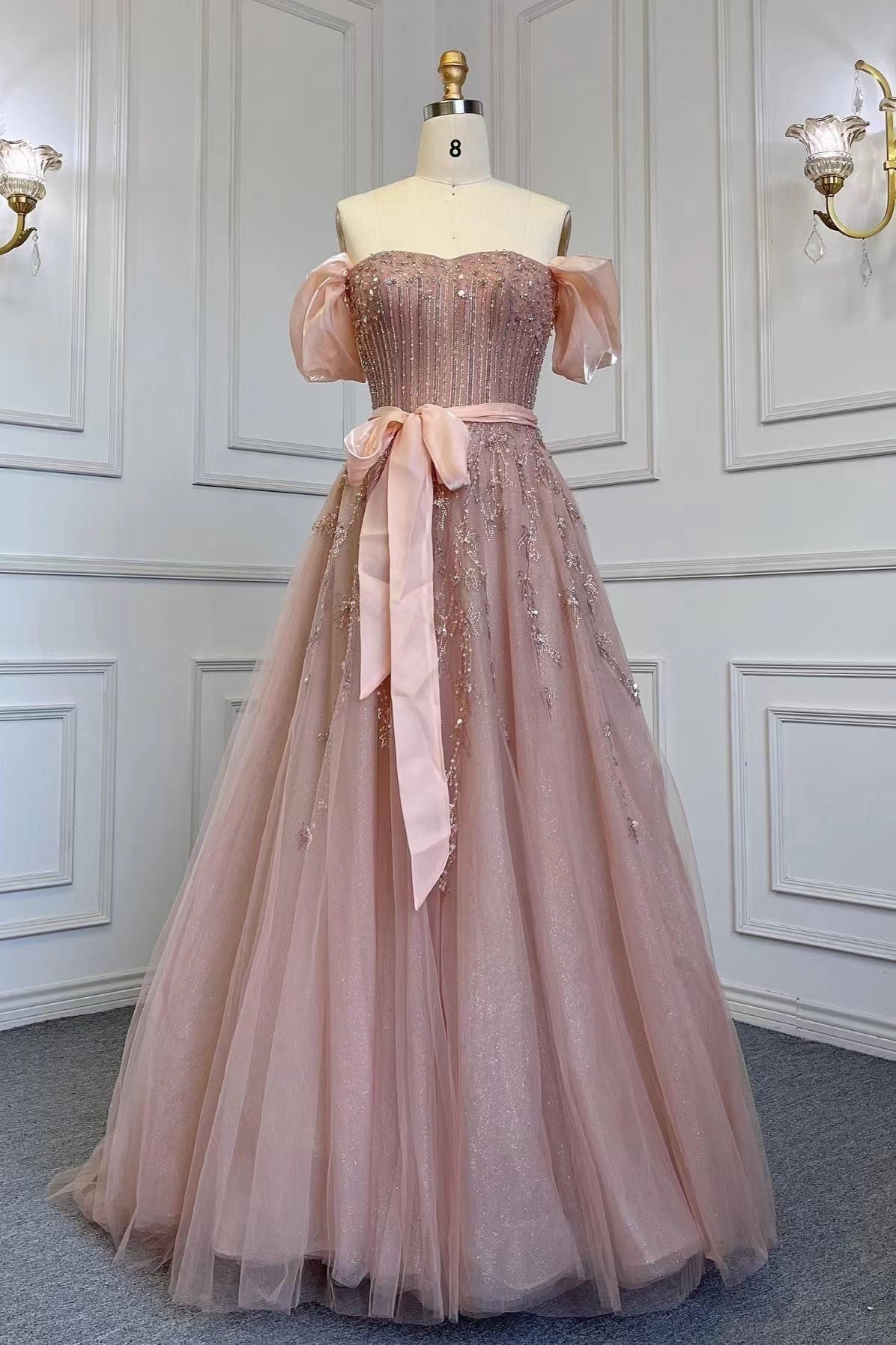 Pink Prom Dress Off-the-Shoulder Bubble Sleeves Evening Formal Dress Belt with Sequined Tulle