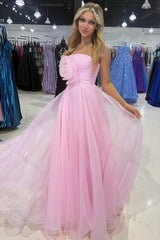 Pink Prom Dress Organza Strapless A Line Long Pageant Dress With 3D Flower