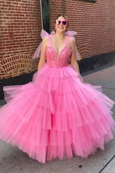 Pink Prom Dress Ruffled V-Neck Tiered Pretty Formal Dress