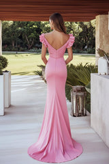 Pink Prom Dress Satin Mermaid Ruched Long Formal Dress With Ruffled Sleeves