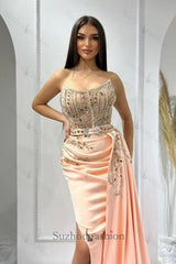 Pink Prom Dress Sleeveless Beaded Satin Slit Panel Train Formal Dress With Rhinestones