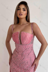 Pink Prom Dress Spaghetti Strap Sequined Beaded Mermaid Evening Formal Dress With Ruffled