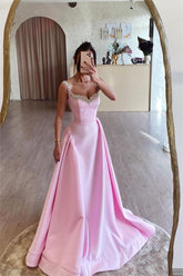 Pink Prom Dress Spaghetti Strap Sleeveless A Line Long Evening Formal Dress With Beading