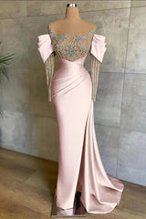 Pink Prom Dress Split Mermaid Long Sleeves Evening Formal Dress Beadings With Appliques Off the Shoulder