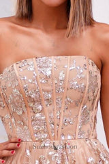 Pink Prom Dress Strapless A Line Beaded Lace Up Tulle Formal Dress With Appliques