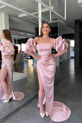 Pink Prom Dress Strapless Long Mermaid Evening Formal Dress Side Split With Detachable Sleeves