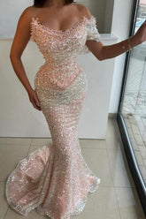 Pink Prom Dress Strapless Mermaid Beaded Sequined Sleeveless Formal Dress With Pearls
