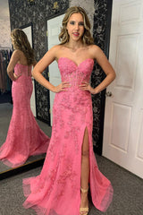 Pink Prom Dress Sweetheart Corset Long Lace Formal Dress With Slit