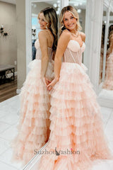 Pink Prom Dress Tiered A-Line Spaghetti Straps Long Formal Dress