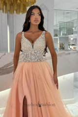 Pink Prom Dress V Neck A Line Beaded Sleeveless Slit Tulle Formal Dress With Rhinestone