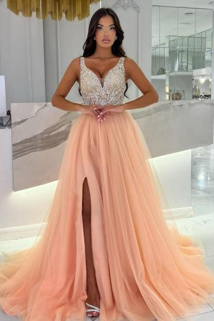 Pink Prom Dress V Neck A Line Beaded Sleeveless Slit Tulle Formal Dress With Rhinestone