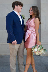 Pink Satin Halter Homecoming Dresses Corset Short Tight Cocktail Dresses With Bow