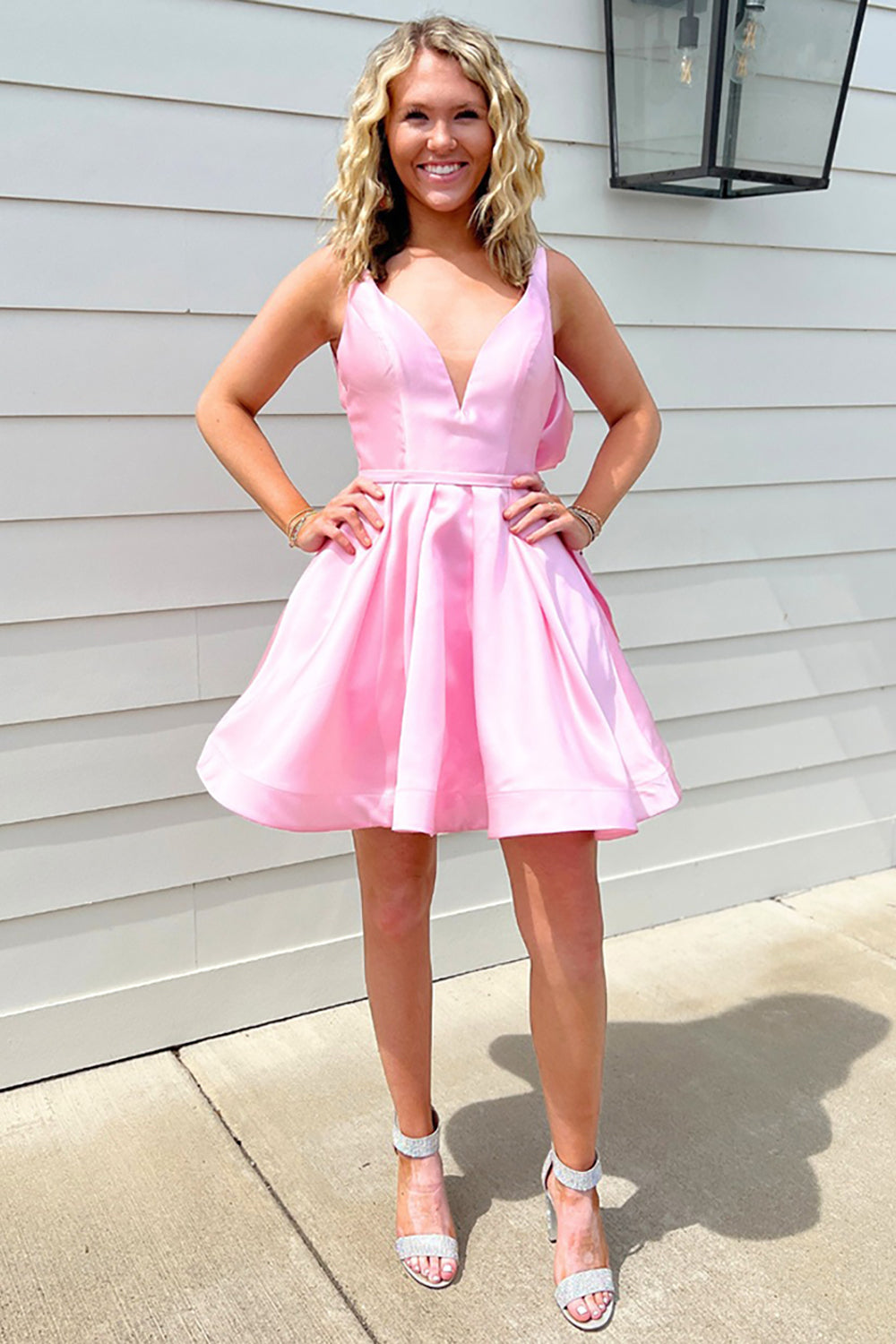 Suzhoufashion Pink Satin V-Neck A Line Homecoming Dresses Short Corset Cocktail Dresses Suzhoufashion Pink Satin V-Neck A Line Homecoming Dresses Short Corset Cocktail Dresses