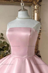 Pink Strapless A-Line Mini Homecoming Dress Satin Bow & Tulle Ruffle Hem