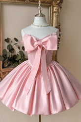 Pink Strapless Satin Corset Mini Homecoming Dress Oversized Front Bow & Ball Gown Skirt