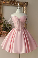 Pink Sweetheart Corset A-Line Mini Homecoming Dress Pearl Straps & Lace Bodice