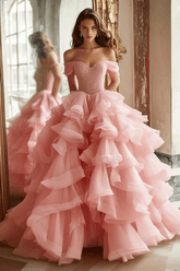 Pink Tiered Prom Dress Off the Shoulder A Line Formal Dress