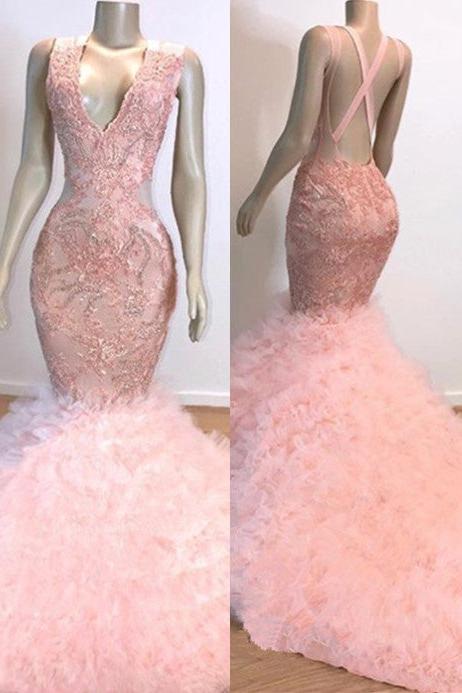 Pink V-Neck Sleeveless Prom Dresses Mermaid Open Back Lace Evening Dress
