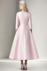 Pink Wedding Guest Dress Satin A Line Tea Length Formal Dress With 3/4 Sleeves