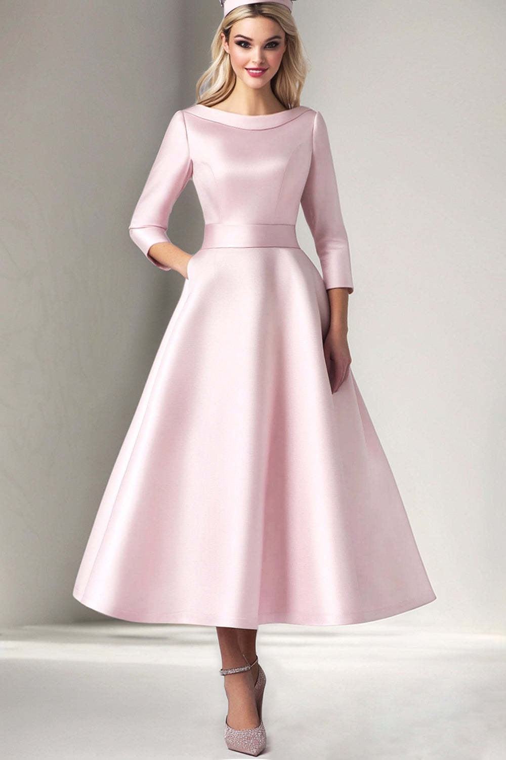Suzhoufashion Pink Wedding Guest Dress Satin A Line Tea Length Formal Dress With 3/4 Sleeves suzhoufashion Suzhoufashion Pink Wedding Guest Dress Satin A Line Tea Length Formal Dress With 3/4 Sleeves suzhoufashion