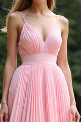 Pink Wedding Guest Dress V-Neck A Line Ruched Long Formal Dress